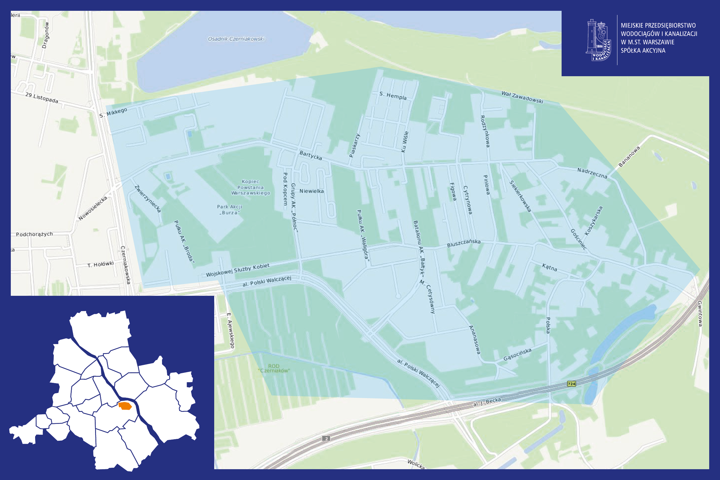 mapa zasięgu obniżonego ciśnienia z zaznaczonym obszarem Warszawy pomiędzy ulicami Czerniakowską, Mikkego, Wałem Zawadowskim a al. Becka.