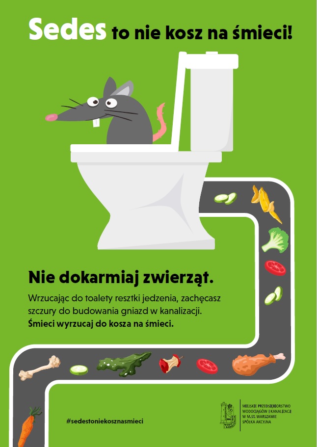 infografika akcji sedes to nie kosz na śmieci - rysunek resztek jedzenia zalegajacych w rurze, szczur wyglądający z sedesu