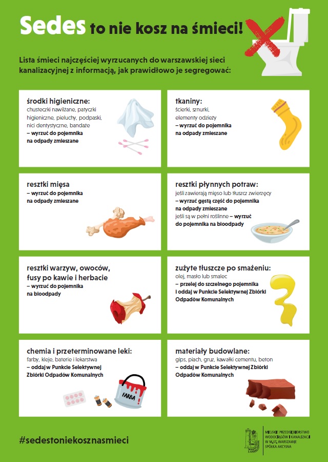 akcja sedes to nie kosz na śmieci - lista zakazanych śmieci: środki hifgieniczne, tkaniny, resztki mięsa, płynnych potraw, warzyw i owoców, tłuszcze, chemia i leki, materiały budowlane
