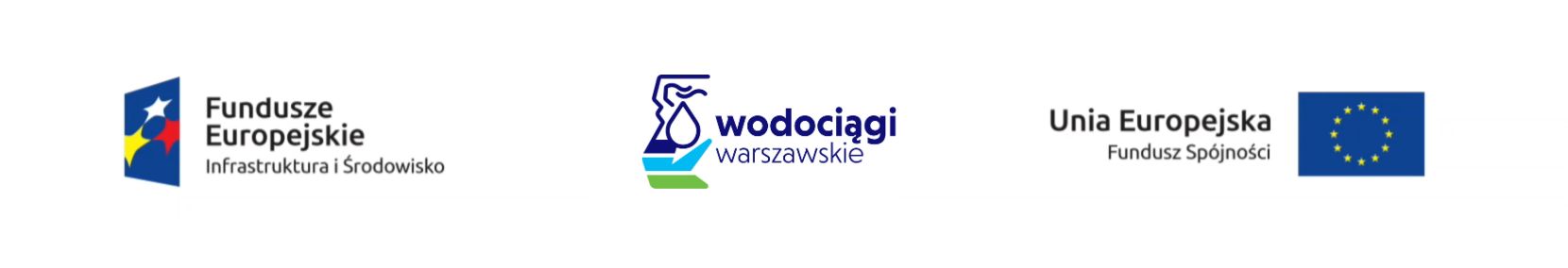 Logo Fundusze Europejskie Infrastruktura i Środowisko, logo Wodociągi Warszawskie, logo Unia Europejska Fundusz Spójności