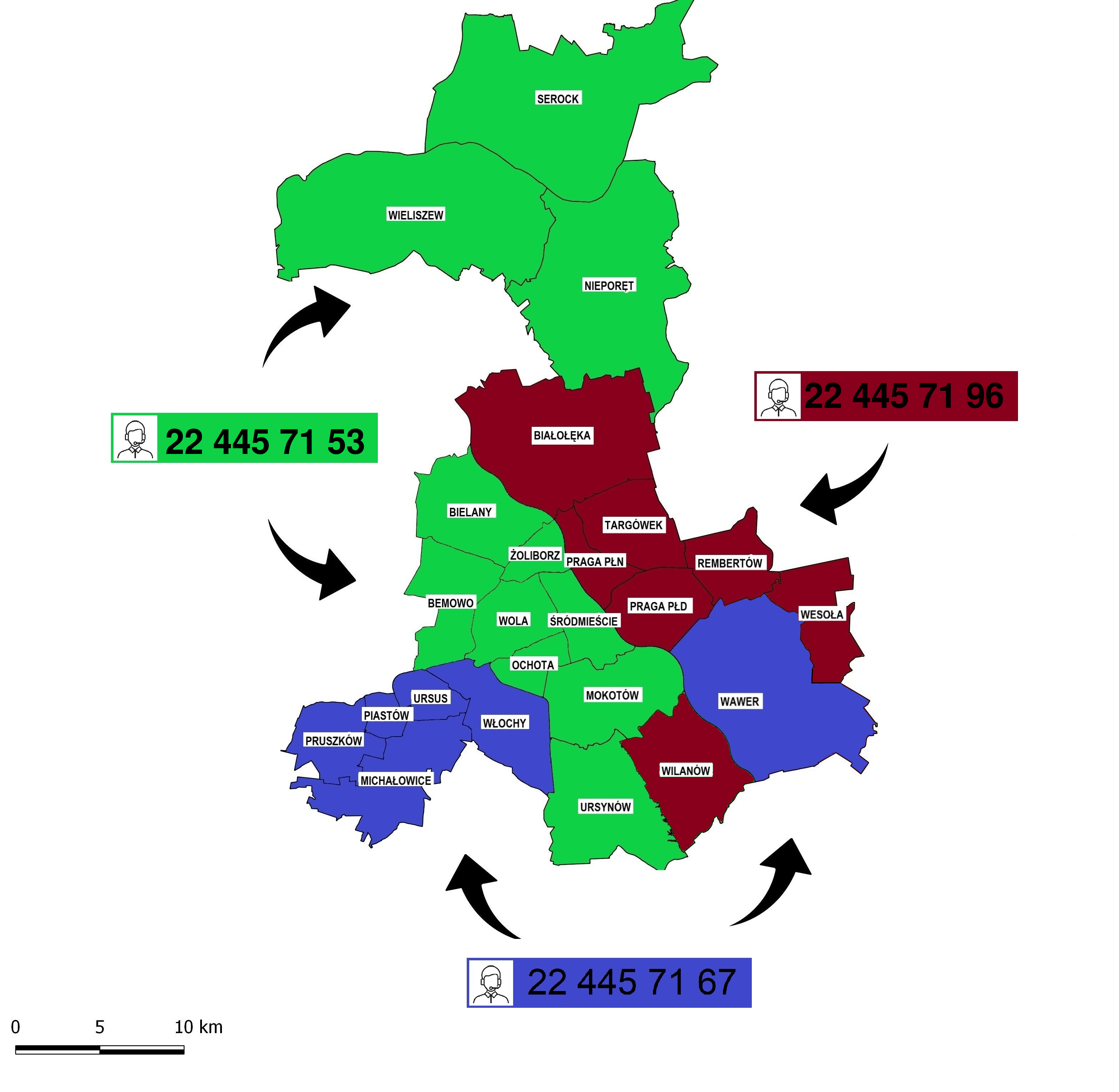 Mapa obszaru działania MPWiK z danymi do osób pełniących kontrolę techniczną.