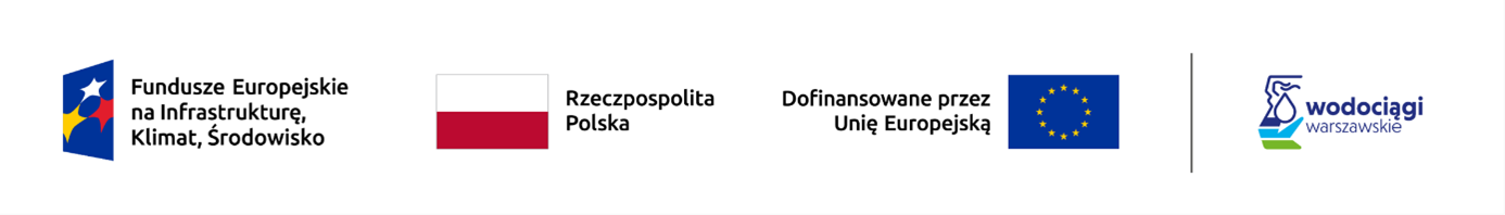 Logotypy unijne oraz flaga Polski i logo Wodociągów Warszawskich